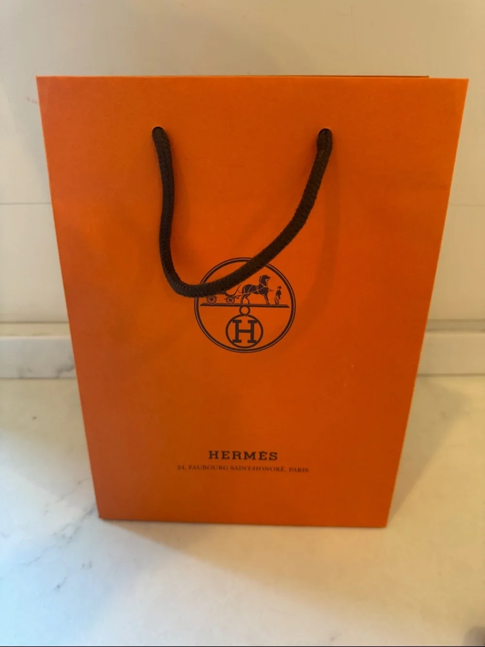 Hermes Orange Gift Bag with Brown ribbon and card  8.5x11.5x3